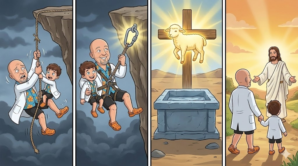 Conceptual visual: A climber hanging from a rope over a cliff (Grip) beside another secured with a carabiner to a harness (Harness)—depicting the difference between relying on one's own strength and being anchored securely